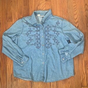 Vintage Kathy Che Chambray Button Down Shirt size 18 90's Embroidered Denim